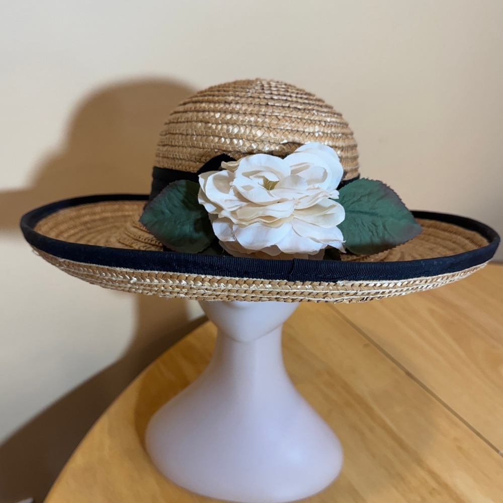 Vintage Wide Brim Straw Sun Hat Black Ribbon Trim White Floral Rose Accent